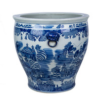 Grand vase de sol en céramique émaillée bleu et blanc de Jingdezhen, motif paysager, poignées en forme de chien Foo, décoratif, écologique, fait main, 5-15L