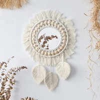 Miroir mural suspendu en macramé, franges bohèmes, rond, fait à la main, en coton, miroir décoratif