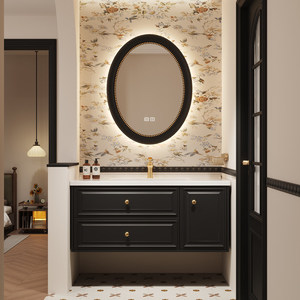 French retro ceramic integrated basin intelligent lighting <b>mirror</b> solid wood American style light luxury bathroom cabinet - Product Image 1