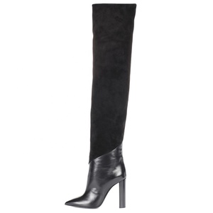 Botas Altas de Mujer Talla Grande 46, de Cuero y Gamuza con Parches, Tacón Cuadrado, Punta Puntiaguda, Botines Largos - Product Image 1