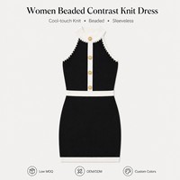 Robe moulante en maille pour femme, personnalisable avec logo OEM/ODM, style chic français contrastant, boutons dorés, col halter perlé, mini, sans manches, pour l'été