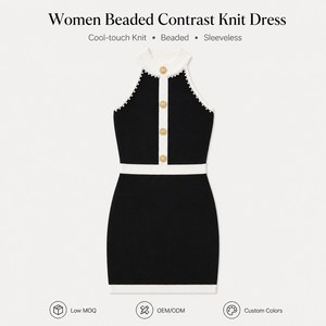 Robe moulante <span class=keywords><strong>en</strong></span> maille pour femme, personnalisable avec logo OEM/ODM, style chic français contrastant, boutons dorés, col halter perlé, mini, sans manches, pour l'été - Product Image 2