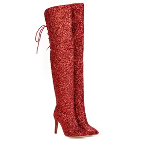 Coxa botas altas Sexy Bling Glitter Red Lace Up Pointed Toe Saltos médios das mulheres Botas Design Botas sobre o joelho