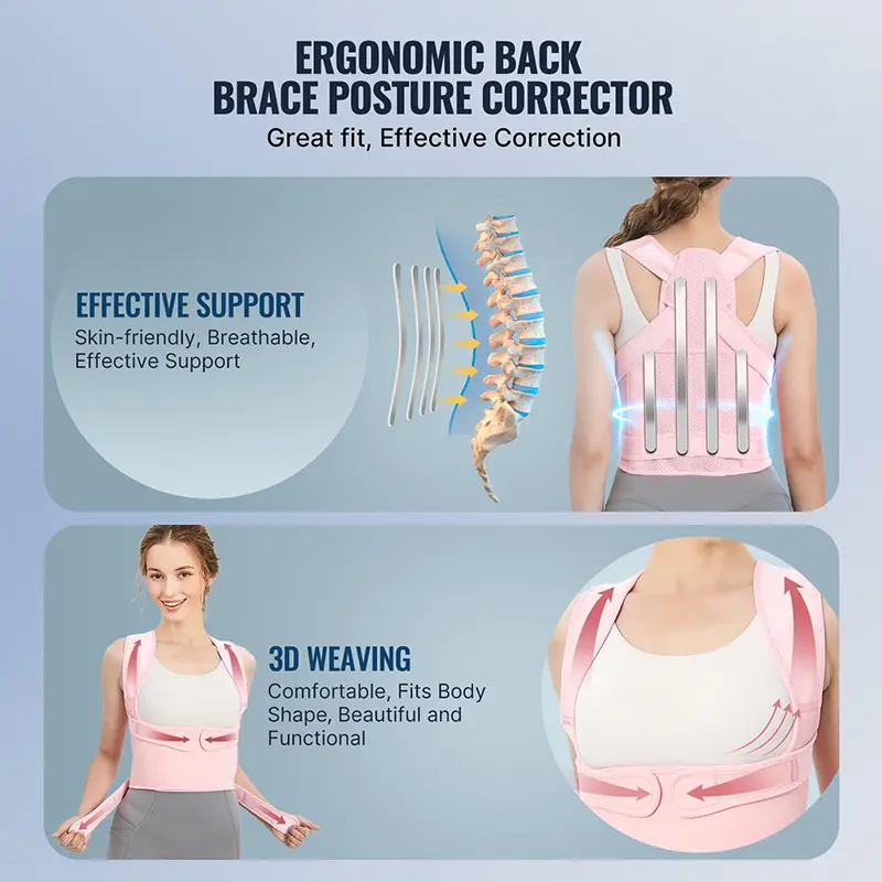 Alisador de ombro FSPG personalizado para apoio total nas costas, cor rosa, corretor de postura para alívio da dor nas costas superior e inferior