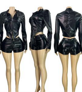 Kho New 2 Mảnh Quần Short Đặt Phụ Nữ Của Quần Áo Dây Kéo PU Áo Khoác Da Và Quần Short Thời Trang Phố Mùa Thu Trang Phục Bộ Đồ Thể Thao - Product Image 2