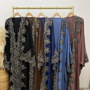 1417# New Design Women's Modest Robe Eid Kaftan With Classy Flower Applique Border Big Sleeves Gorgeously Open <b>Abaya</b> - Product Image 6