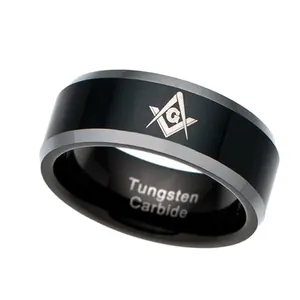 Cincin Pernikahan Masonik tungsten berlapis hitam IP 8mm cincin mason gratis buatan khusus cincin Masonik kualitas tinggi