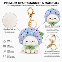 Gantungan Kunci Boneka Kucing Hydrangea Kustom Bunga Putih Dengan Tudung Bunga Hydrangea 3D Bordir Logo Kustom Kotak Hadiah Cetak