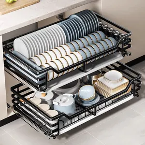 Accessoires d'armoires de cuisine Panier à tiroirs Panier de cuisine en acier inoxydable Panier à tiroirs en fil métallique Tasses et soucoupes