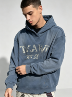 Sweat à capuche vintage pour homme, effet vieilli, ourlet effiloché, imprimé craquelé, lettres en strass