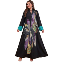 Robe longue Abaya de luxe noire vintage à col montant en polyester, broderie de perles et sequins colorés, pour la prière de l'Aïd et les fêtes