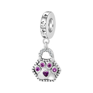 Colgante de Plata S925 con Huella de Pata y Corazón de Circonita Púrpura Oxidado para Bolso, Joyería para Amantes de Perros y Gatos - Product Image 1