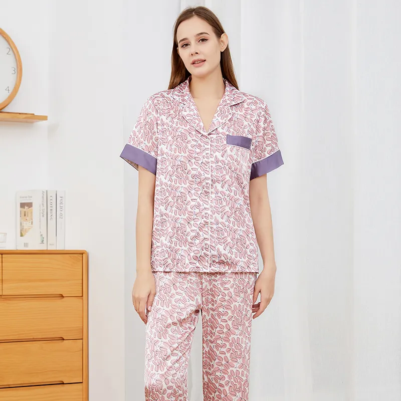 Ladies Breathable 2 Piece Pajamas Sleepwear Set Short Sleeve Summer Loungewear For Women