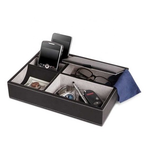 Scatola Organizer da <span class=keywords><strong>scrivania</strong></span> <span class=keywords><strong>per</strong></span> la casa a più scomparti vassoio da uomo <span class=keywords><strong>in</strong></span> <span class=keywords><strong>pelle</strong></span> nera PU <span class=keywords><strong>per</strong></span> monete, chiavi, orologi e portafogli - Product Image 2