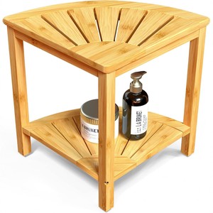 Tabouret de douche d'angle en bambou 33D x 33L x 43.2H pliable avec étagère de rangement pour baignoire et douche - Product Image 1