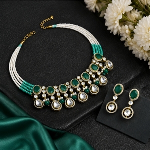 Elegant 925 <b>Silver</b> Necklace and Earrings Set with Green and White Beads Traditional Indian Bridal Jewelry for Women - Product Image 5