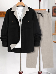 Traje Casual de Dos Piezas para Invitados de <span class=keywords><strong>Boda</strong></span>, Camisa Texturizada con Cuello en Contraste, Pantalones de Vestir Rectos - Product Image 6