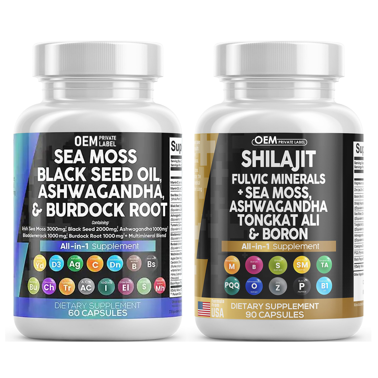 Cápsulas de Shilajit OEM Fulvic Minerals Sea Moss Acid Mezcla natural Ashwagandha shilajit Capsule Complex All-in-1