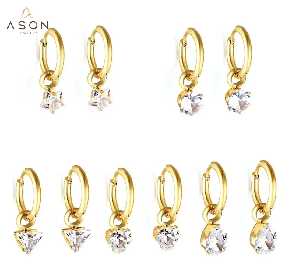 Ason Geometrical Cubic Zircon Creolen 18 Karat Gold Edelstahl Star Heart Elliptical Dangle Drop Charm Ohrringe für Frauen