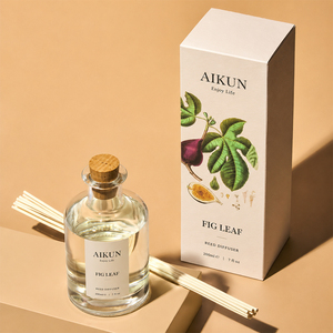 Aikun Fig Leaf 200ml Clear Glass Reed Diffuser Set With Wooden Cap Rattan Sticks Gift Box For <b>Home</b> Bathroom Bulk Supply Custom - Product Image 1