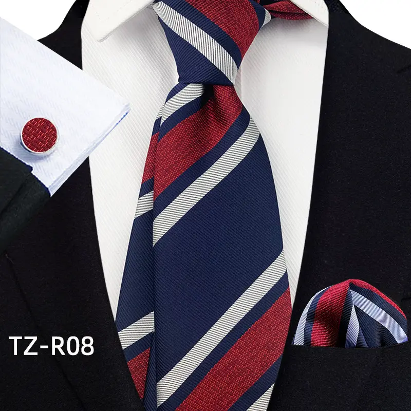 Sang trọng Mens phù hợp với phụ kiện Khuy măng sét màu đen đỏ sọc lụa đám cưới Tie và hanky Bộ