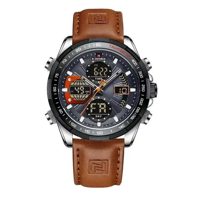 Naviforce 9197L 9197S Men Leather Steel Watches Casual Fashion Waterproof Lcd Digital Week Display Calendar Wristwatch