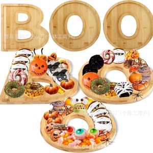 Plateau de service en bambou en forme de lettre BOO, plateau à dessert d'Halloween, planche à découper en bois, plateau de présentation alimentaire pour fête - Product Image 1