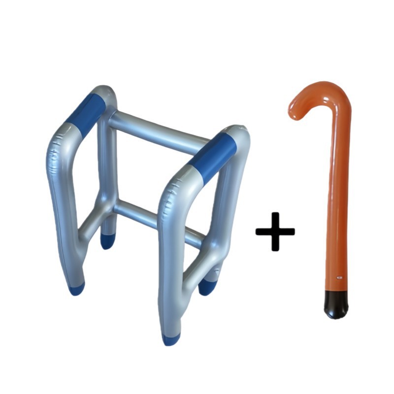 Ayuda para caminar azul y bastón marrón.