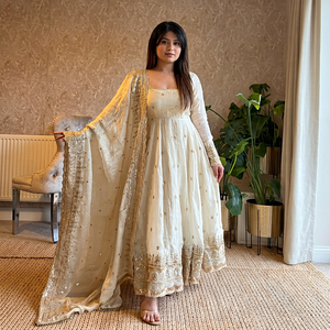 Ensemble Anarkali en coton brodé crème avec dupatta, tenue traditionnelle indienne et pakistanaise pour femmes, longueur au sol, pour mariage - Product Image 1