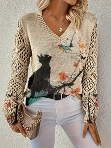 Suéter Casual de Mujer con Estampado de Gatos, Flores y Pájaros al Estilo Chino, Cuello en V, Manga Larga, Estilo Bohemio, Tejido - Product Image 4