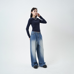 Custom Denim Pants High Rise Baggy Barrel Silhouette Jeans Vintage Wash Blue Loose Jeans Horseshoe Jeans For Women