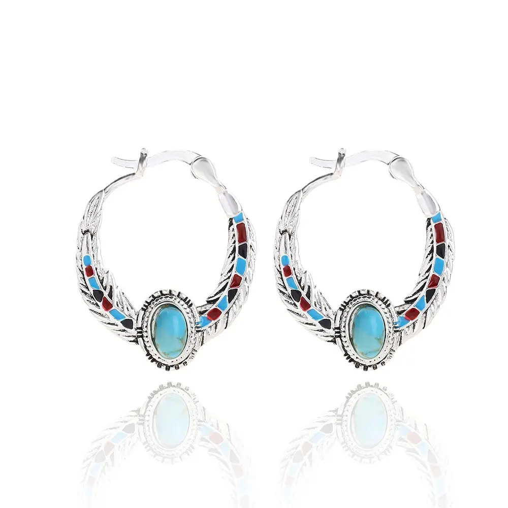 Gorgeous Boho Women 925 Silver Plated Green Turquoise Eagle Feather Hoop Earrings