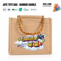 Sac fourre-tout élégant en jute moyen avec logo personnalisé, poignée en bambou et fermeture ouverte, imprimé dessin animé, marque SH, toutes saisons, pour usage quotidien