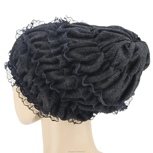 Nouvel ensemble écharpe longue plissée unie en dentelle écologique <span class=keywords><strong>et</strong></span> chapeau bob élastique assorti, respirant, pour <span class=keywords><strong>femme</strong></span>, style hijab musulman, collection automne - Product Image 3