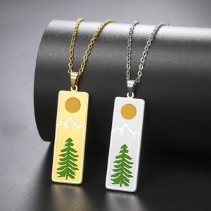 Collar con Colgante de Acero Inoxidable 304 con Diseño de Paisaje Natural, Montaña, Sol y Pino, para <span class=keywords><strong>Mujer</strong></span>, Regalo Minimalista para Viaje - Product Image 1