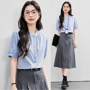 Women's Blue Stand Collar Shirt Short Sleeve Cotton Office Wear Professional Blouse Summer <b>Work</b> Top Solid Color Simple Design - Product Image 1