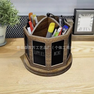Porte-crayons en bois, support de rangement rond pour stylos avec étiquette en tableau noir, organisateur de bureau pour fournitures de bureau, de maison et d'étude - Product Image 1