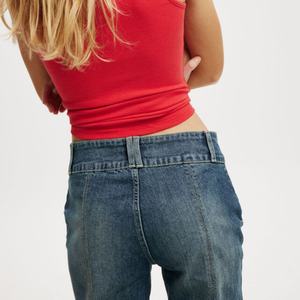 Pantalones Vaqueros de Mujer al por Mayor, Personalizados, Estilo Europeo y Americano, de Tiro Bajo, Acampanados, Lavados, Clásicos, Vintage, en Mezclilla Azul - Product Image 3