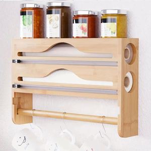 Boîte de Rangement en Bambou pour Film Alimentaire et Papier d'Alu avec Coupe-Papier Intégré, Porte-Serviettes Mural et Compartiment Caché pour Grattoir Multi-usages - Product Image 4