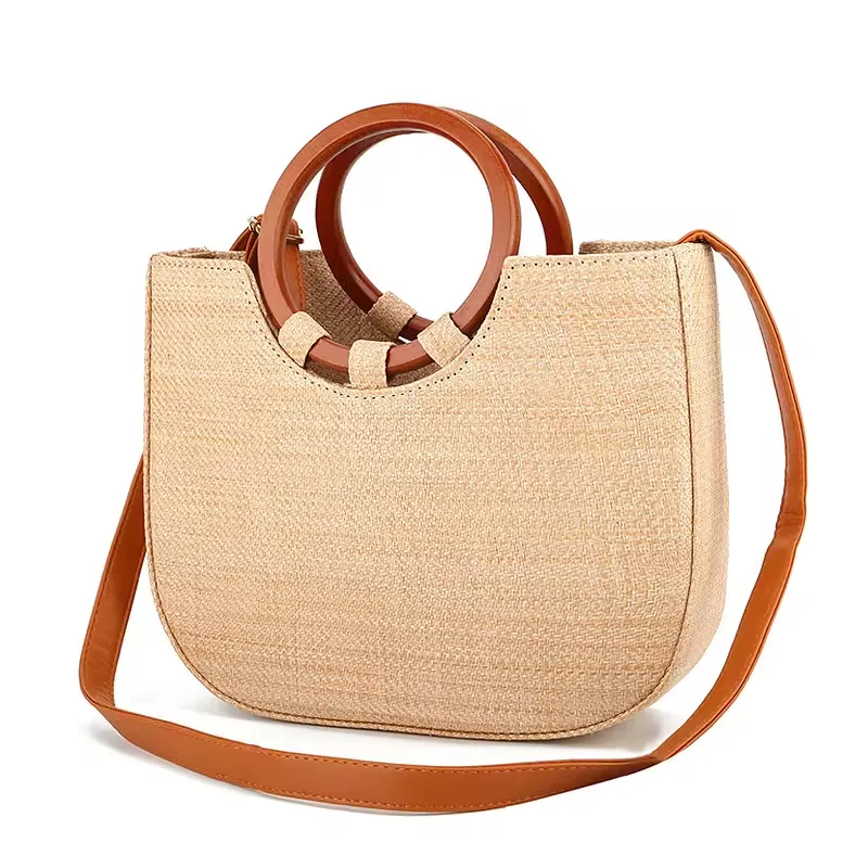 2024 Women Handmade Messenger Beach straw Bag Casual Ladies Woven Beach Straw Handbags With Leather Strap