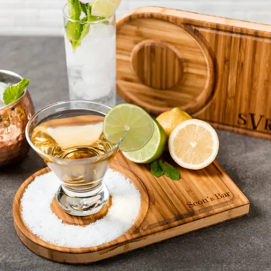 JUNJI plateau de Cocktail en bambou avec plateau de verre à Shot en bois de sel