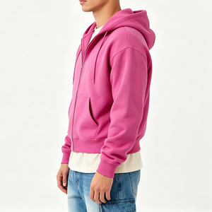 <span class=keywords><strong>Felpa</strong></span> <span class=keywords><strong>con</strong></span> cappuccio da uomo cropped boxy <span class=keywords><strong>con</strong></span> zip, in cotone felpato pesante, colore rosso rosa, stile streetwear, <span class=keywords><strong>con</strong></span> ricamo in ciniglia, personalizzabile, all'ingrosso - Product Image 3