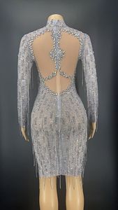 Robe de soirée à franges, tenue moulante Sexy à manches longues, transparente, motif strass, pour fête d'anniversaire, <span class=keywords><strong>en</strong></span> grande taille, pour femmes - Product Image 6