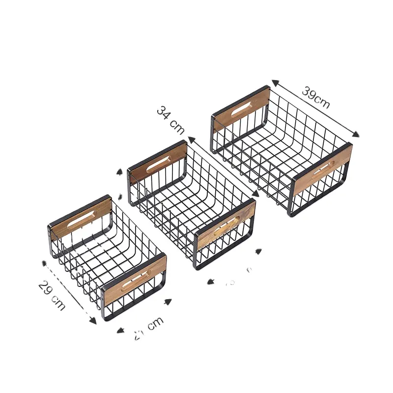 Wireking Populaire Meerdere Ijzerdraad Groente Fruit Opslag Metalen Mand 3 Stuk Houten Handvat