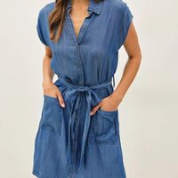 Robe chemise courte en denim lyocell boutonnée, décontractée, simple, d'été, avec poches