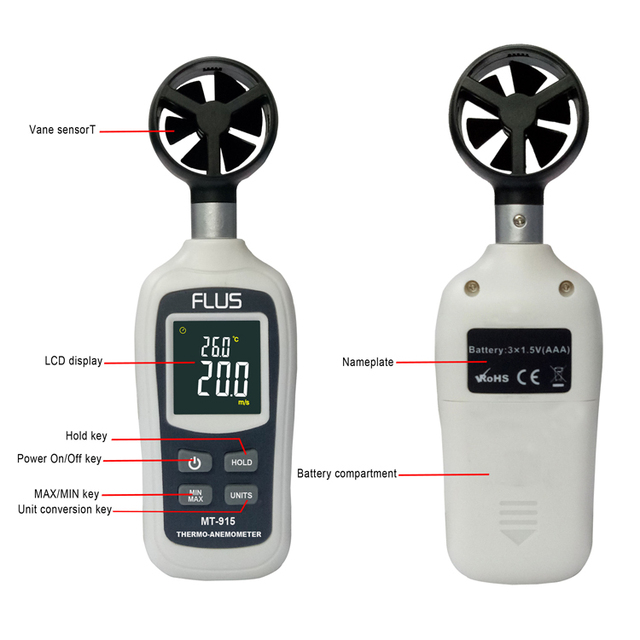 Smart Digital Hot Wire Sensor Anemometer Measure Wind Speed and Temperature with Telescoping Probe Big Color Lcd with Back Light