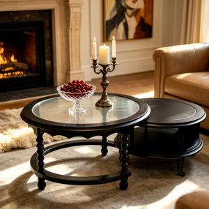 Ensemble de tables basses gigognes noires avec plateau en verre cannelé et tiroir de rangement, style ferme, pour salon - Product Image 1