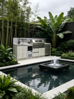 Cuisine extérieure avec machine à glaçons intégrée, barbecue à gaz, réfrigérateur à double tiroir, évier, porte-couteaux et unité en pierre