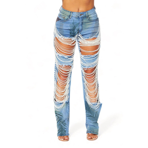 Nueva Moda Pantalones Rectos de Mujer con Cadena de Cuentas y Aberturas Grandes - Product Image 1