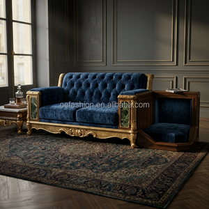 Fabricant de FF&E |   <span class=keywords><strong>Canapé</strong></span> capitonné en velours bleu néoclassique avec lit pour animaux intégré |   Inlay en marbre pour hôtels de luxe |   OEM - Product Image 4